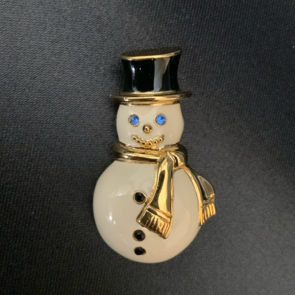 Snowman Pin Brooch Enamel Rhinestone Gold-Plated Signed Monet Holiday Jewelry